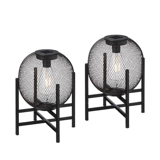 Glitzhome® 11.5" Metal Mesh Black Solar Powered Lantern with Stand, 2ct.